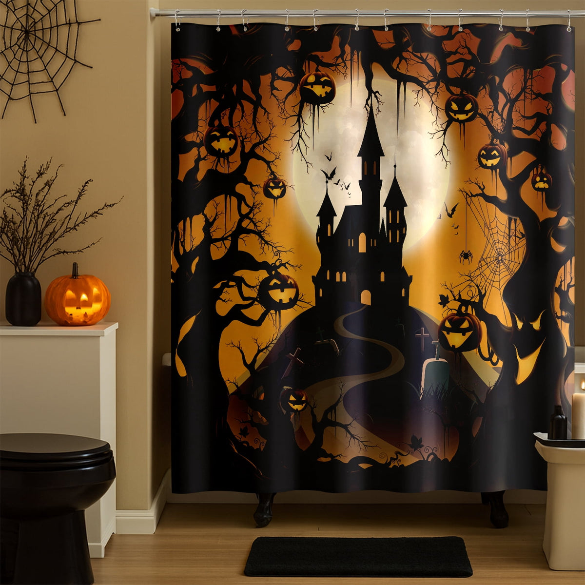 Seasonwood Halloween Shower Curtain,Spooky Halloween Black Cat Shower Curtain,Waterproof Halloween Bathroom Decor with 12 hooks,72"x72"