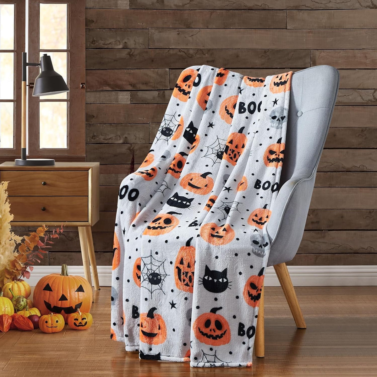 Serafina Home Halloween Throw Blanket: Fuzzy Boo! Jack O'Lantern Spider Webs Skull and Black Cats Print on Velvet Fleece for Sofa Bed Couch Chair Dorm