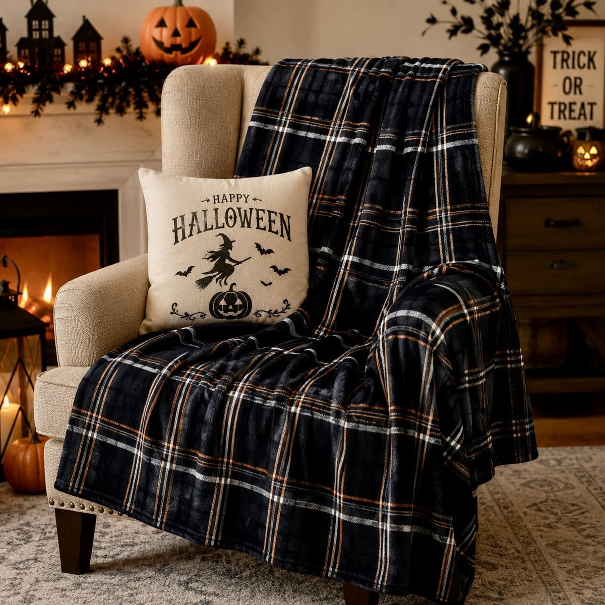 Serafina Home Halloween Throw Blanket: Fuzzy Boo! Jack O'Lantern Spider Webs Skull and Black Cats Print on Velvet Fleece for Sofa Bed Couch Chair Dorm