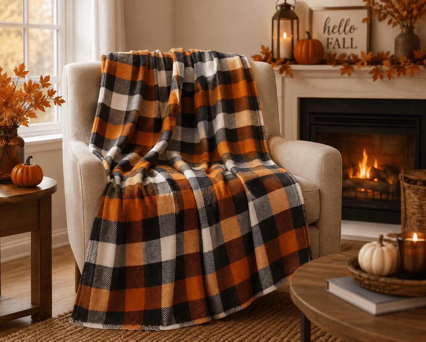 Serafina Home Halloween Throw Blanket: Fuzzy Boo! Jack O'Lantern Spider Webs Skull and Black Cats Print on Velvet Fleece for Sofa Bed Couch Chair Dorm