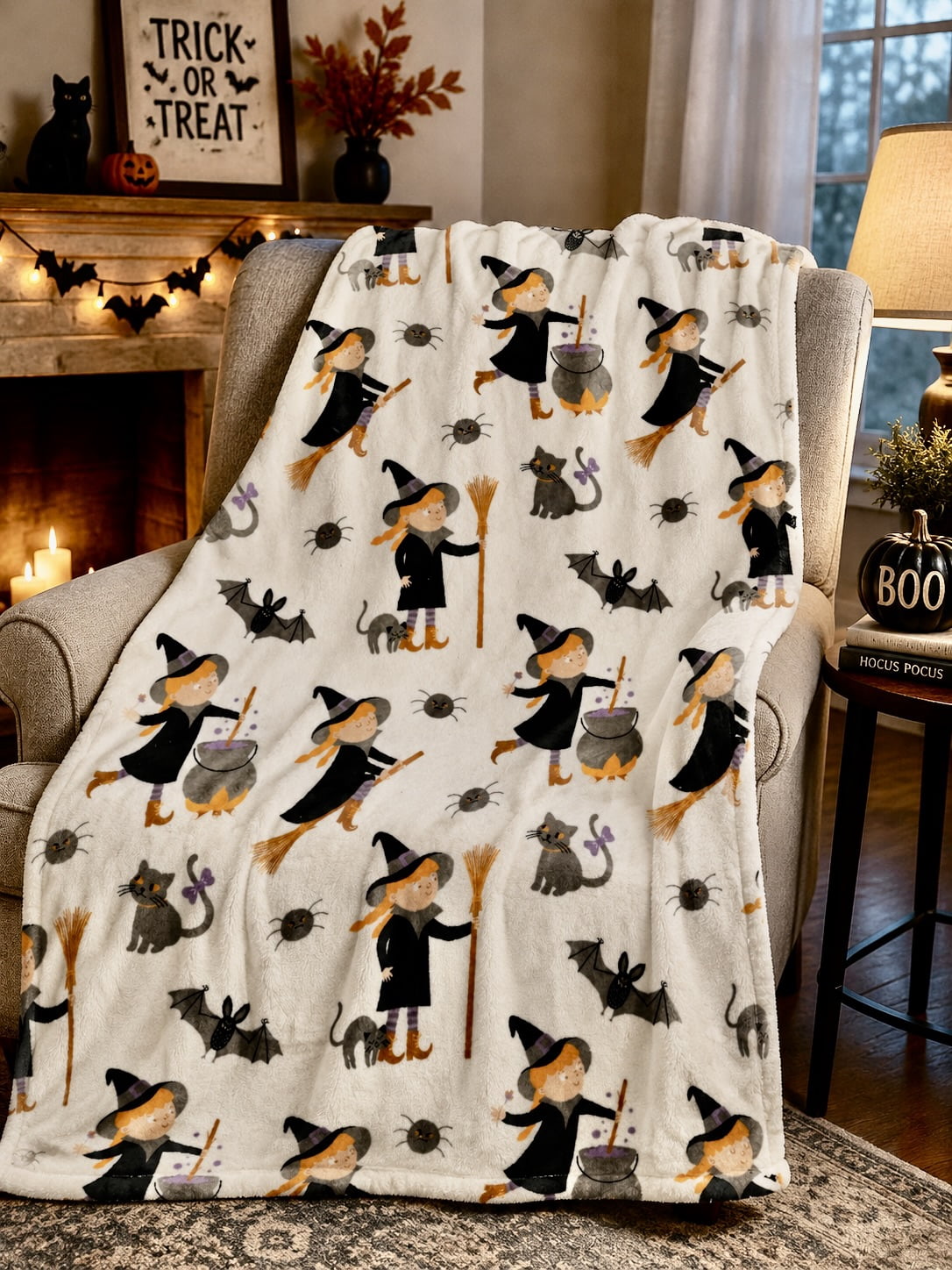 Serafina Home Halloween Throw Blanket: Fuzzy Boo! Jack O'Lantern Spider Webs Skull and Black Cats Print on Velvet Fleece for Sofa Bed Couch Chair Dorm