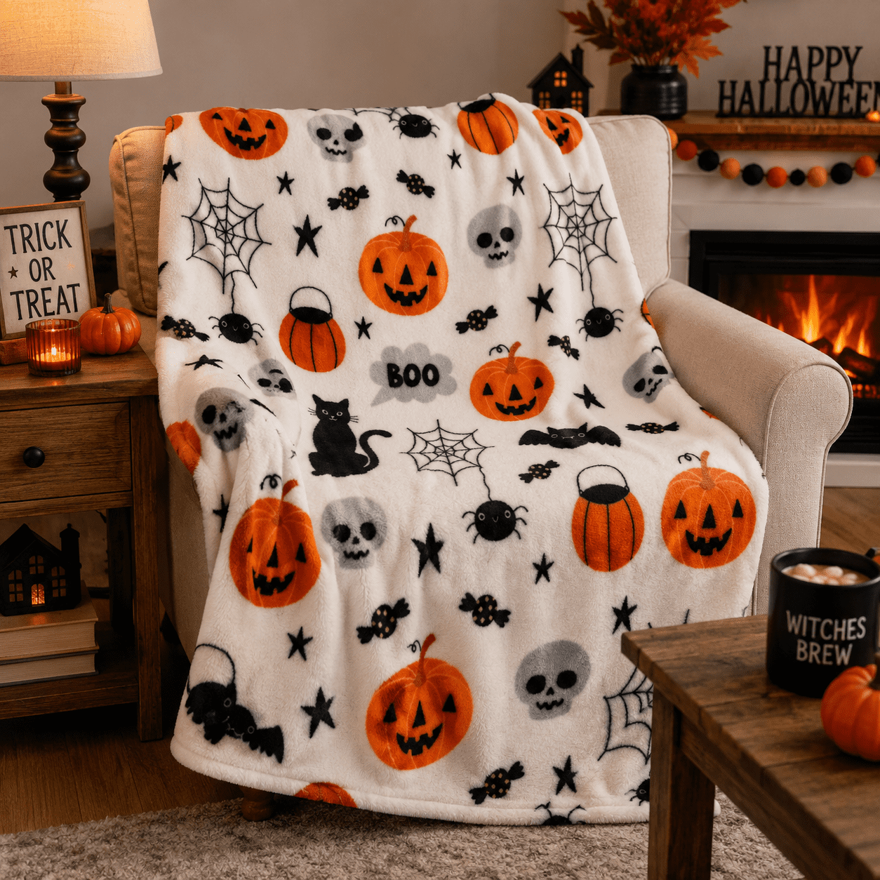 Serafina Home Halloween Throw Blanket: Fuzzy Boo! Jack O'Lantern Spider Webs Skull and Black Cats Print on Velvet Fleece for Sofa Bed Couch Chair Dorm