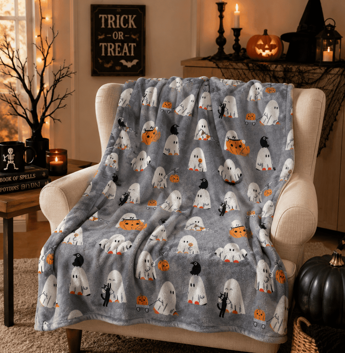 Serafina Home Halloween Throw Blanket: Fuzzy Boo! Jack O'Lantern Spider Webs Skull and Black Cats Print on Velvet Fleece for Sofa Bed Couch Chair Dorm
