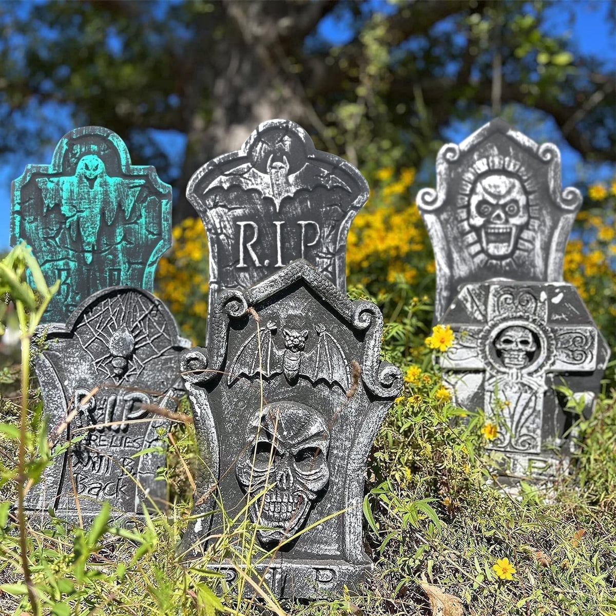 Gamexcel 3-Pack Large 17" Halloween Foam RIP Tombstones with Stakes - Graveyard Lawn Decorations for Spooky Haunted House Decor