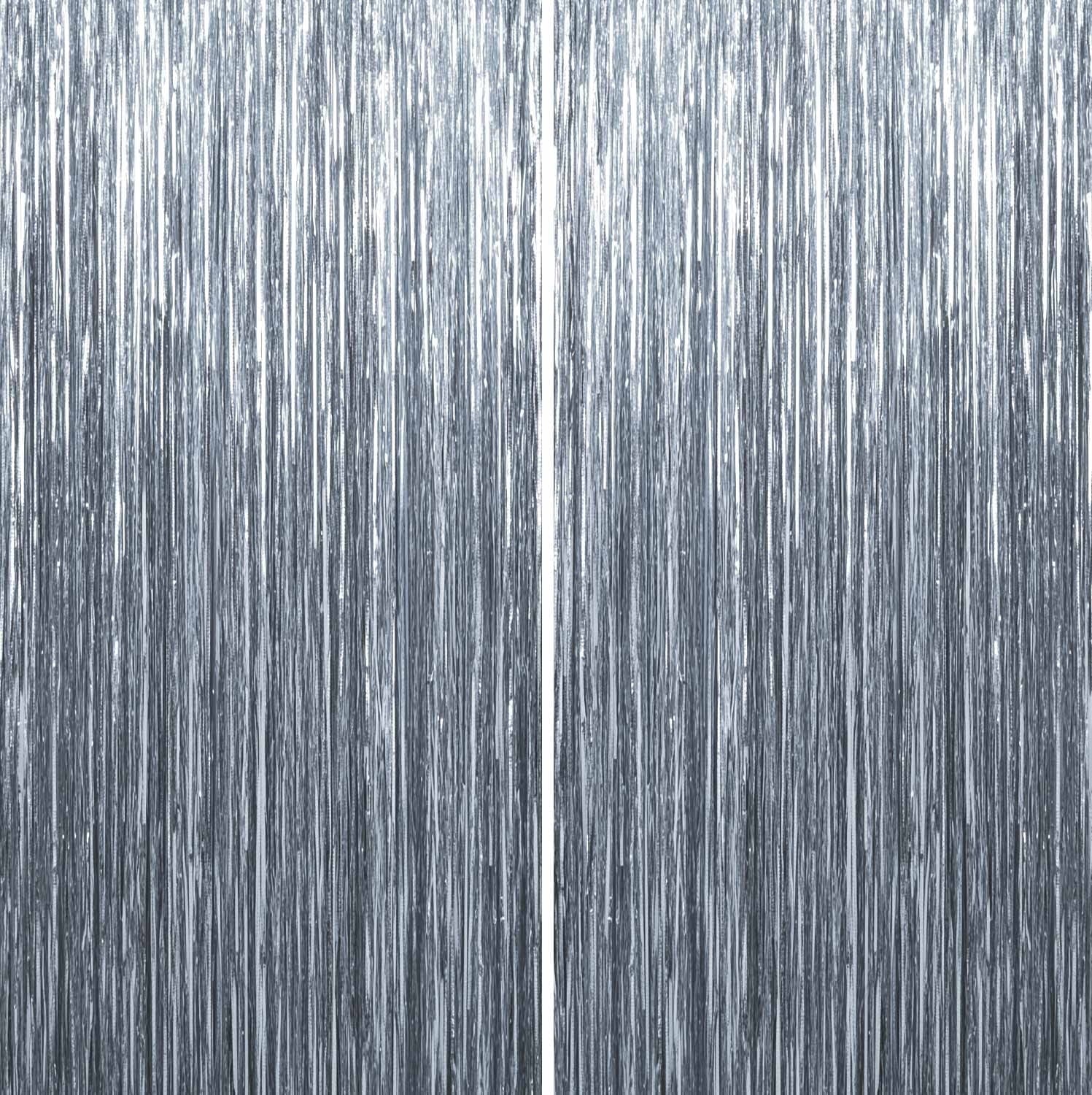 Sm:)e 2-Pack Light Bright Silver Foil Fringe Curtains for Events - Birthday, Wedding, Graduation, Christmas, Baby Shower, various festivals Decor Photo Booth Fun!