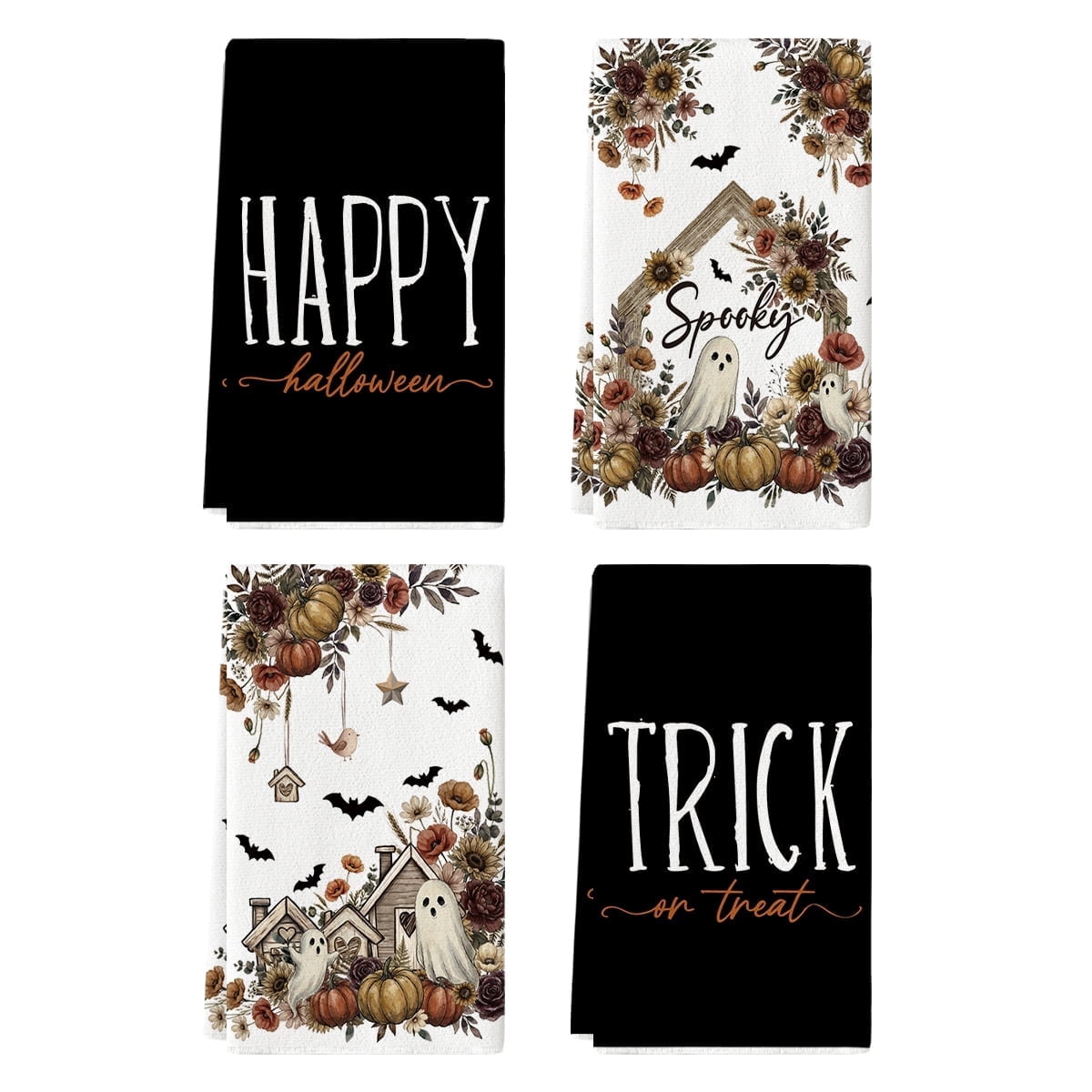 Sm:)e Pumpkin Ghost Bat Happy Halloween Dish Towels Set of 4, 18x26 Inch, Seasonal Holiday Hand Towels for Kitchen and Dining Table