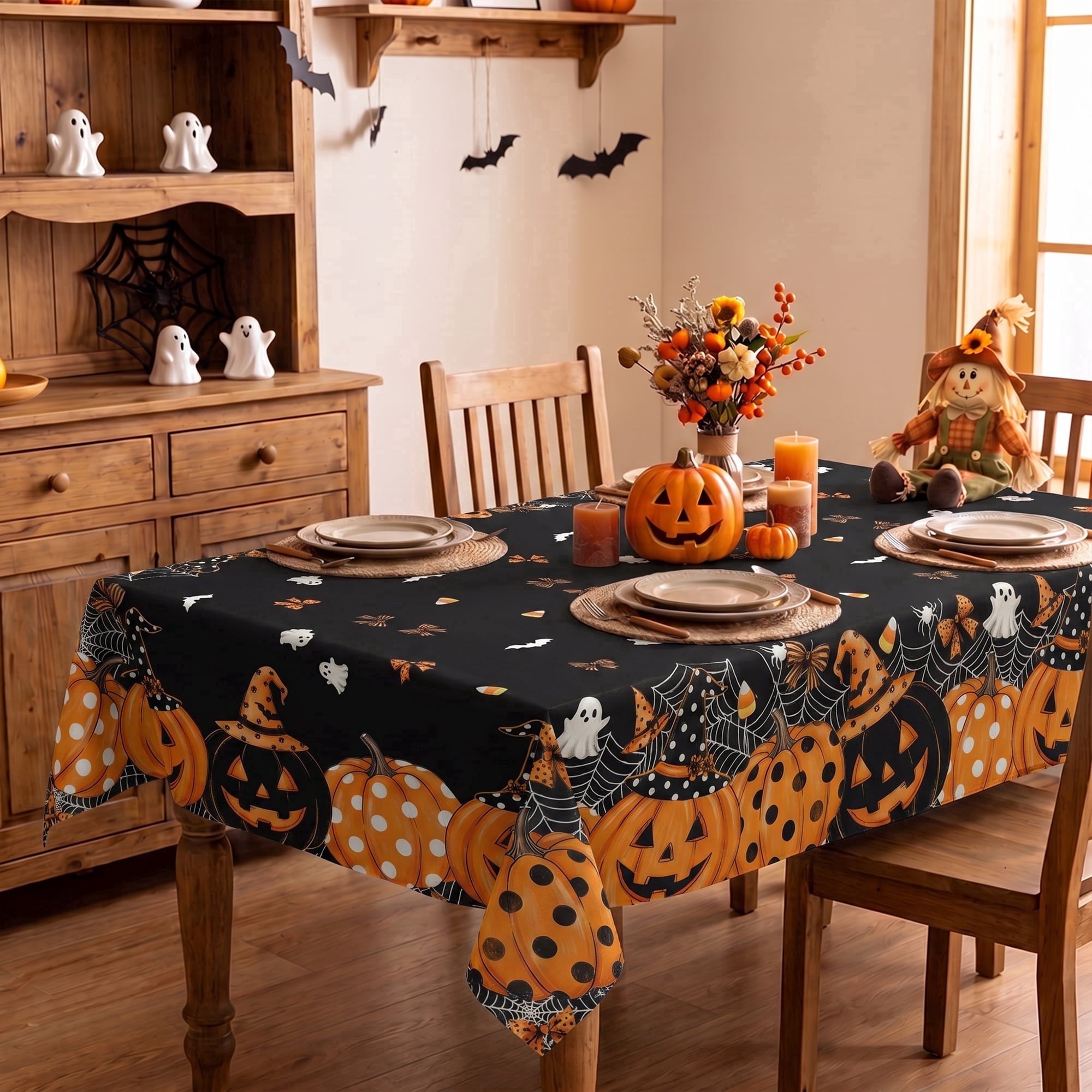 Sm:)e Spooky Ghost Pumpkin Spider Web Halloween Tablecloth 60x84 Inch, Wrinkle-Resistant & Machine Washable Table Cover for Dining Decor, Rectangle