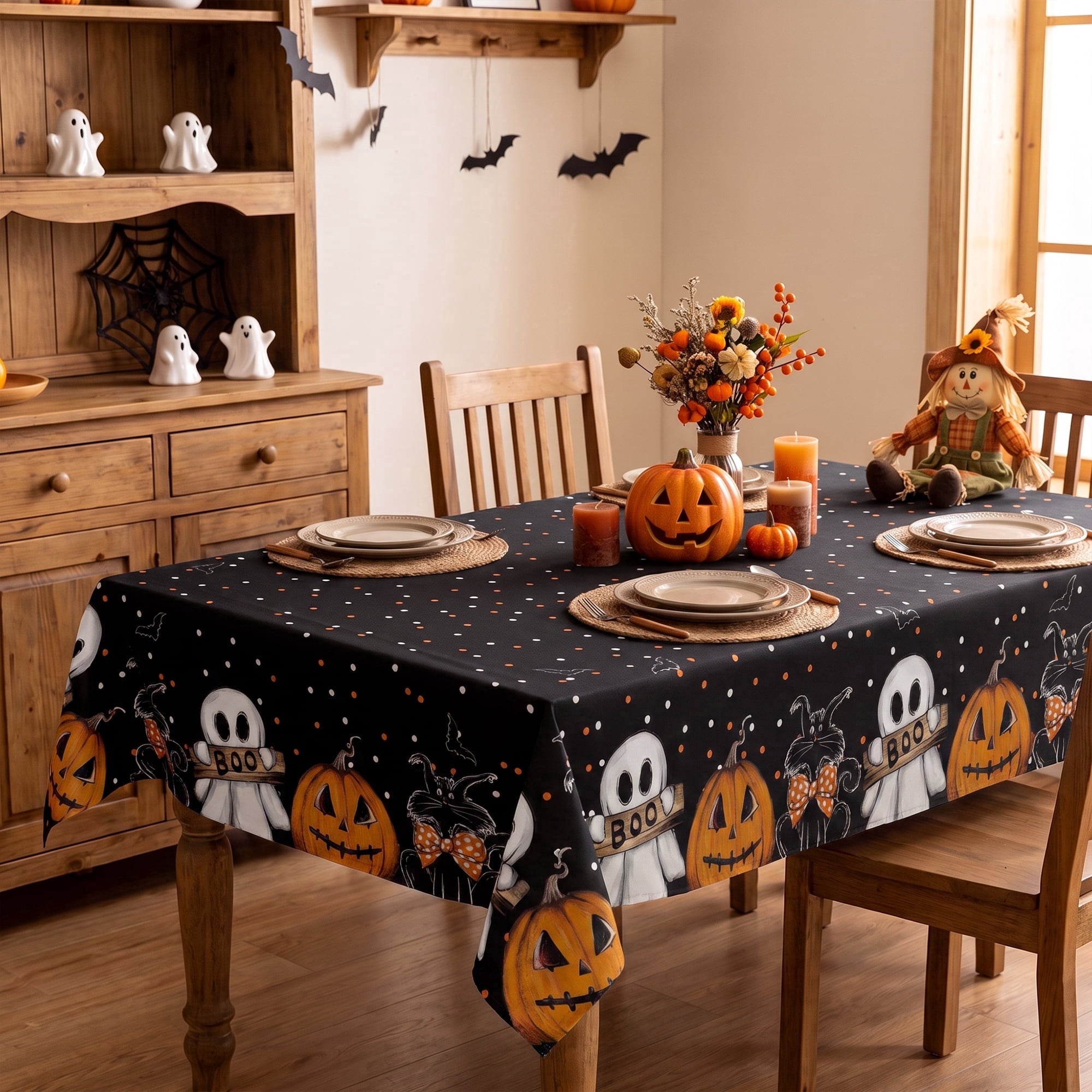 Sm:)e Ghost Cat Jack-O-Lantern Pumpkin Black Halloween Tablecloth 60 x 84 Inch, Wrinkle-Resistant & Machine Washable Table Cover for Dining Decor, Rectangle