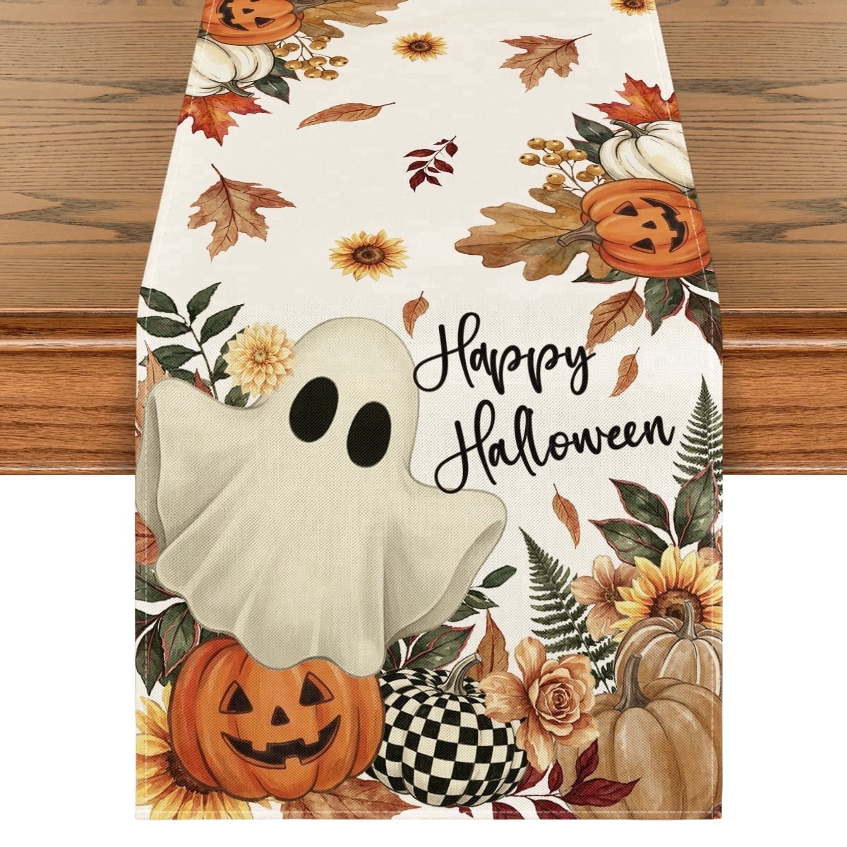 Sm:)e Halloween Table Runner Ghost Pumpkin 13x72 Inch, Halloween Party Kitchen Dining Indoor Outdoor Decorations,Orange