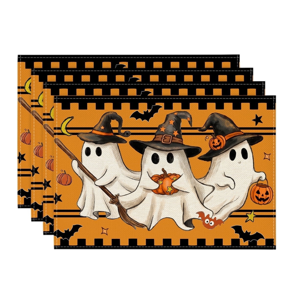 Smile Jack-O'-Lantern Spider Web Halloween Table Placemats Set of 4 Round 15 Inch Black