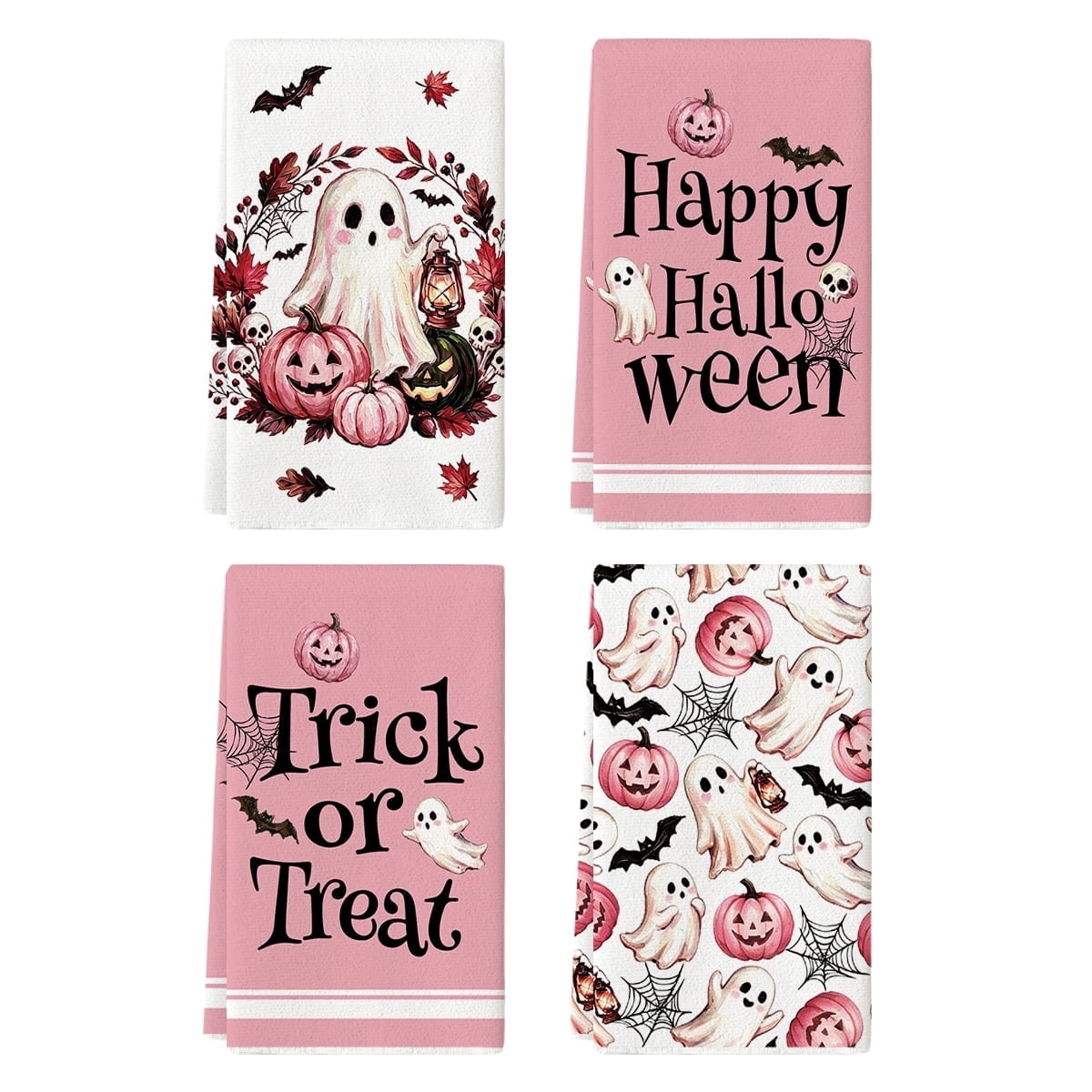 Sm:)e Pumpkin Ghost Bat Happy Halloween Dish Towels Set of 4, 18x26 Inch, Seasonal Holiday Hand Towels for Kitchen and Dining Table