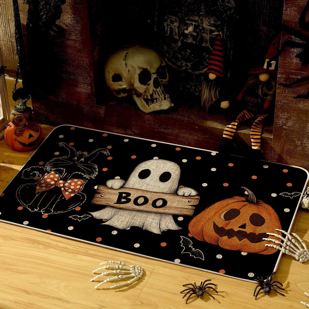 Sm:)e Polka Dot Black Cat, Jack-O'-Lantern, Ghost Halloween Welcome Doormat, 17x29 Inch