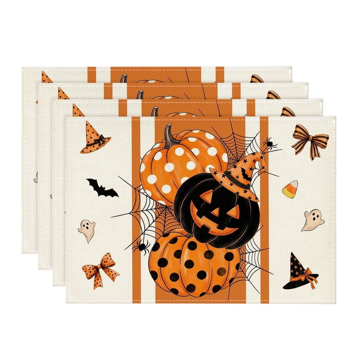 Smile Jack-O'-Lantern Spider Web Halloween Table Placemats Set of 4 Round 15 Inch Black