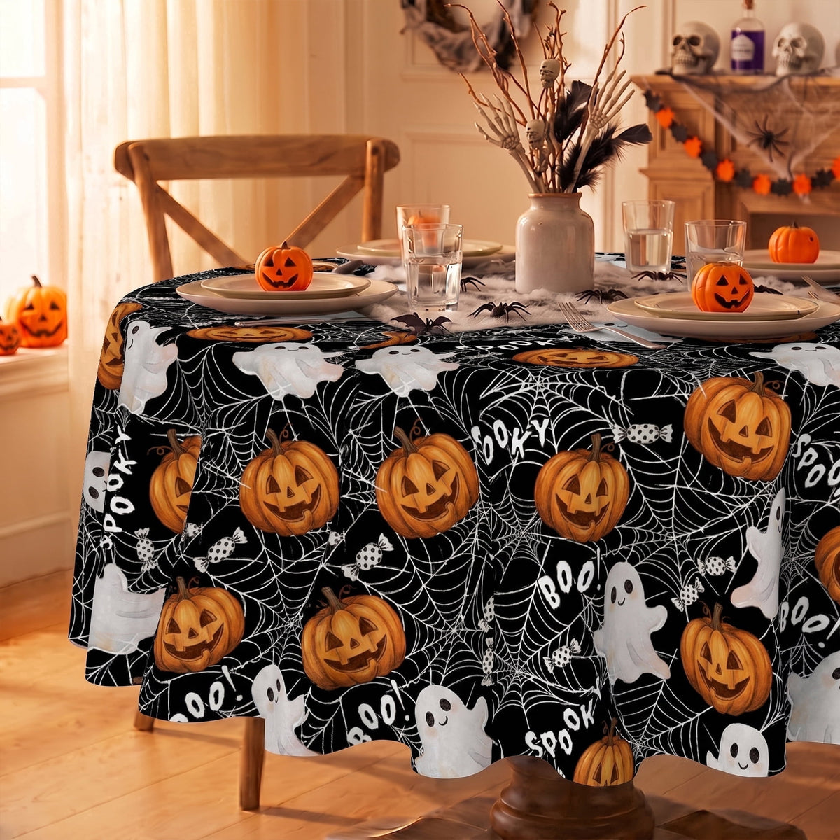 Sm:)e Ghost Bat Pumpkin Spider Web Halloween Tablecloth 60x84 Inch, Wrinkle-Resistant & Machine Washable Table Cover for Dining Decor, Rectangle