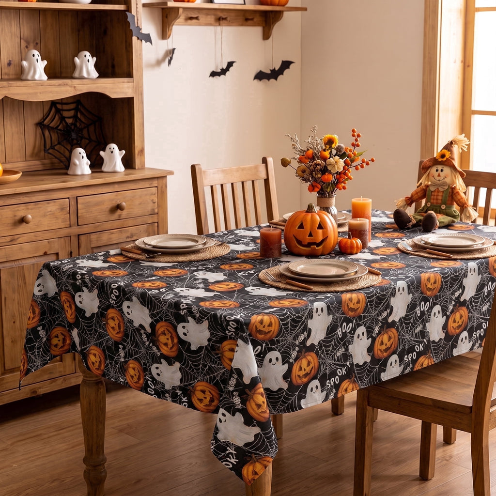 Sm:)e Spooky Ghost Pumpkin Spider Web Halloween Tablecloth 60x84 Inch, Wrinkle-Resistant & Machine Washable Table Cover for Dining Decor, Rectangle