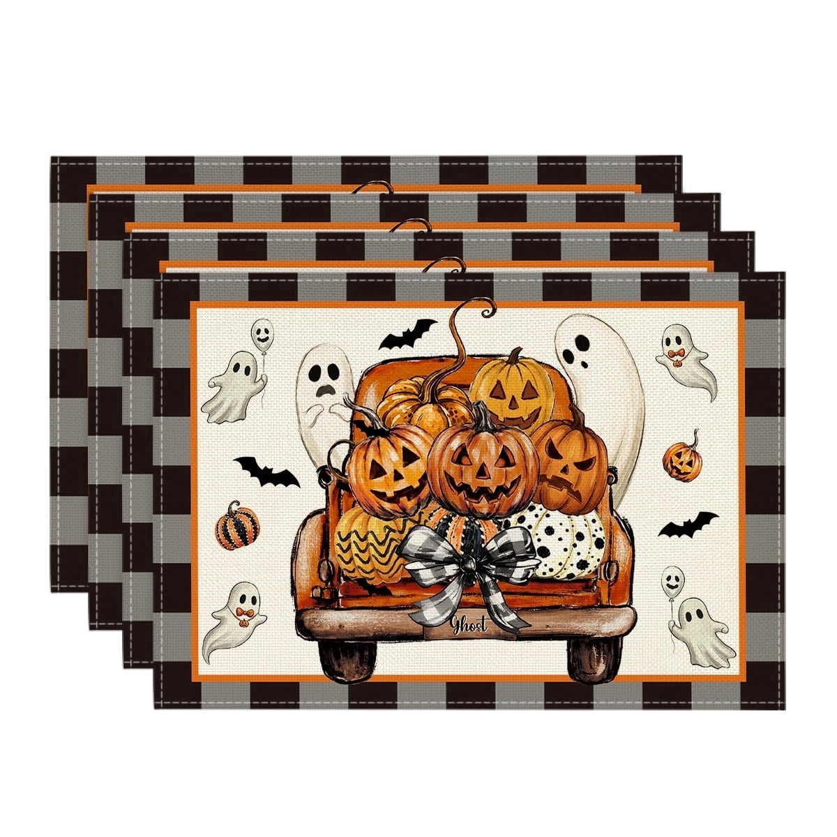 Smile Jack-O'-Lantern Spider Web Halloween Table Placemats Set of 4 Round 15 Inch Black