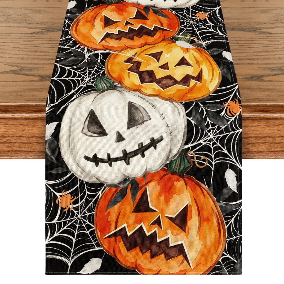 Smile Jack O Lantern Pumpkin Ghost Spider Halloween Table Runner 13 x 72 Inch