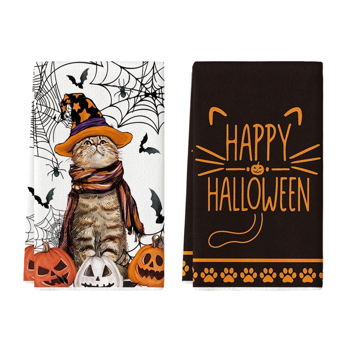 Sm:)e Spider Web Jack-O'-Lantern Pumpkin Cat Happy Halloween Kitchen Towels Dish Towels 18x26 Inch Set of 2