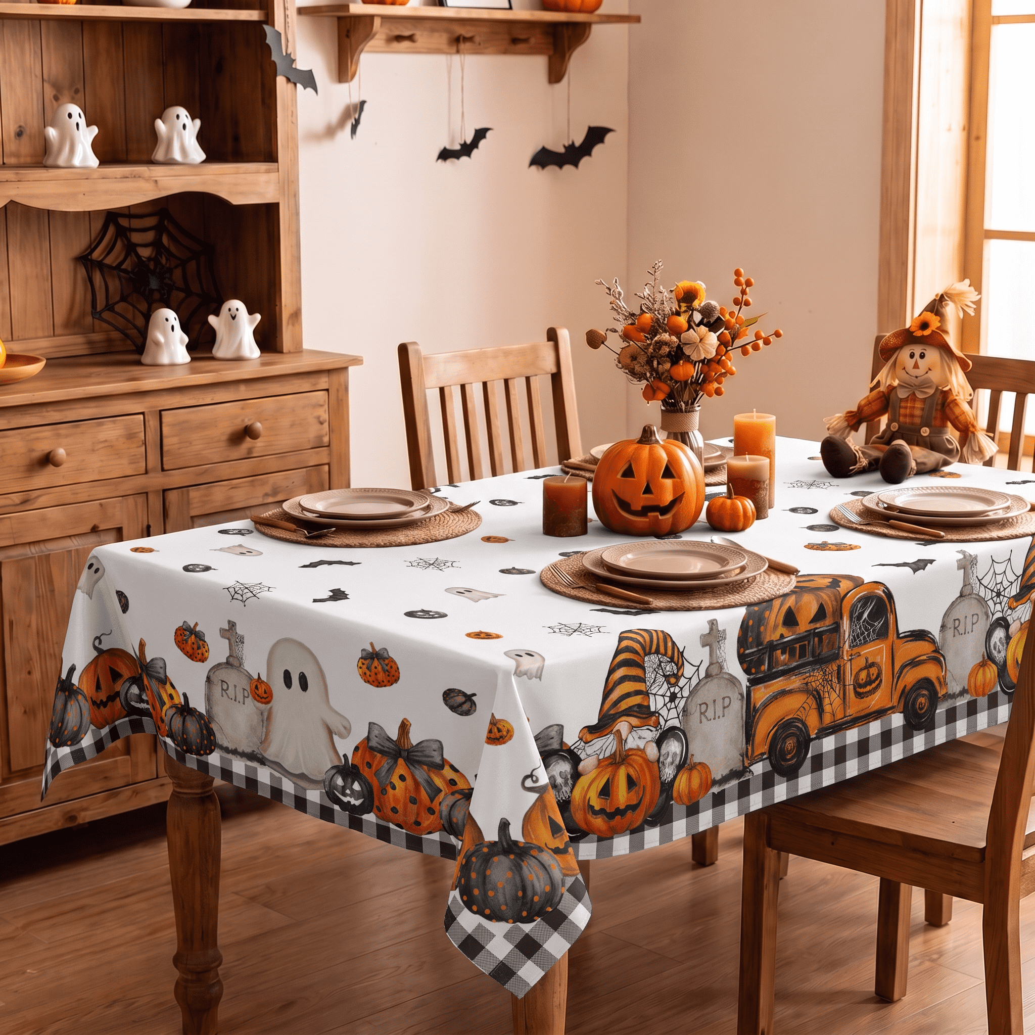 Sm:)e Truck Jack O Lantern Pumpkin Bat Buffalo Plaid Halloween Tablecloth 60 x 84 Inch, Wrinkle-Resistant Table Cover for Dining Decor, Rectangle