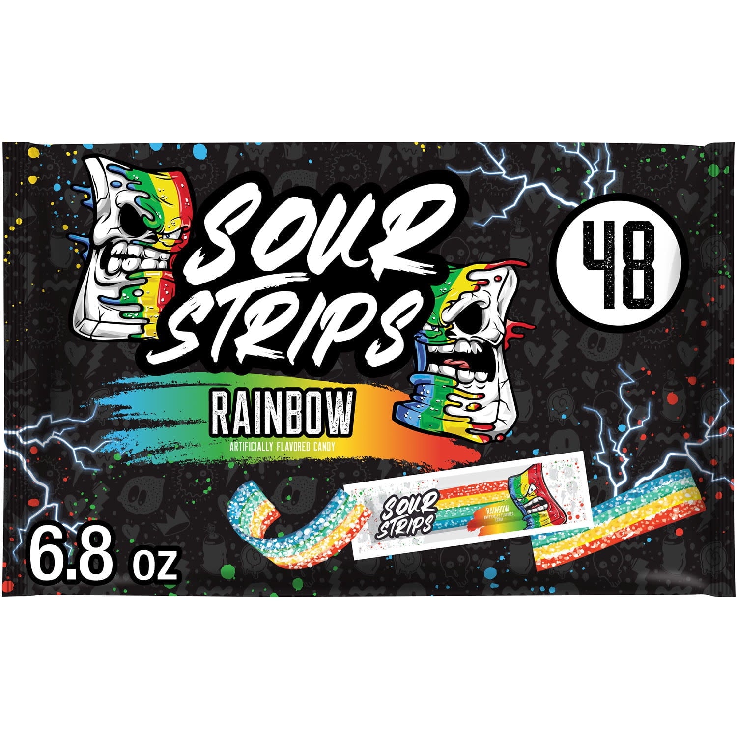 Sour Strips Rainbow Flavored Chewy, Halloween Candy Bag, 6.8 oz (48 Pieces)