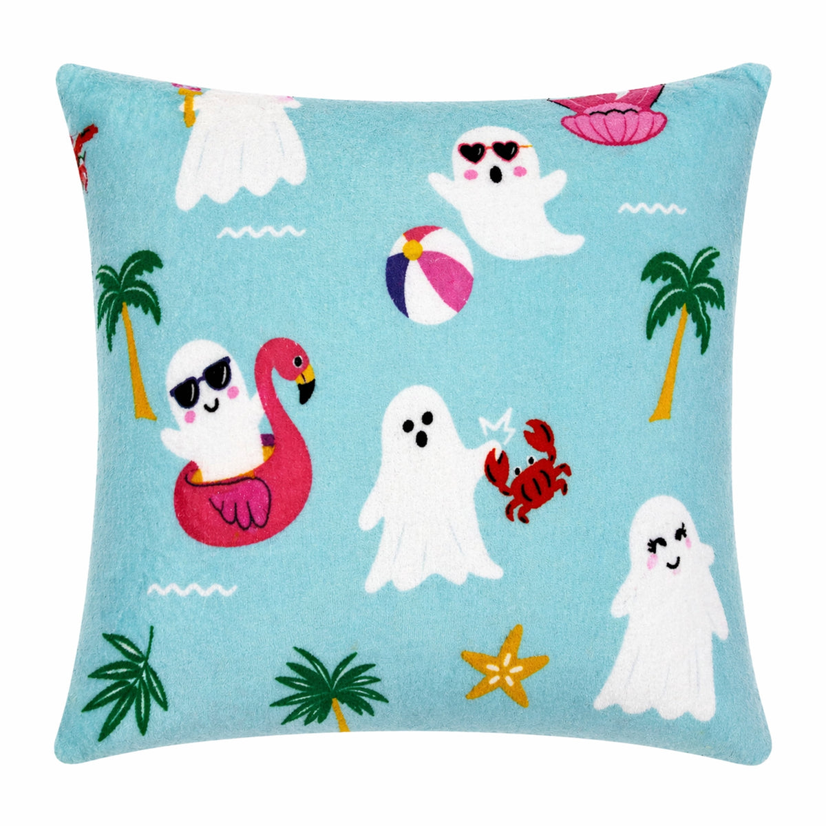 Summerween 18"x18" Plush Decorative Pillow, Vacation Ghosts