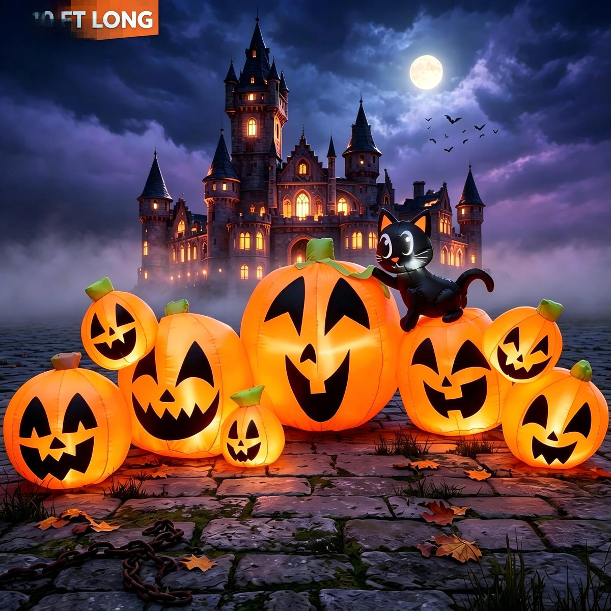 Joyfy 7 ft Halloween Inflatable Long Pumpkin with Witch's Cat Decorations Inflatables with Build-in LEDs,Halloween Decor Outdoor Blow Up Yard Decorations