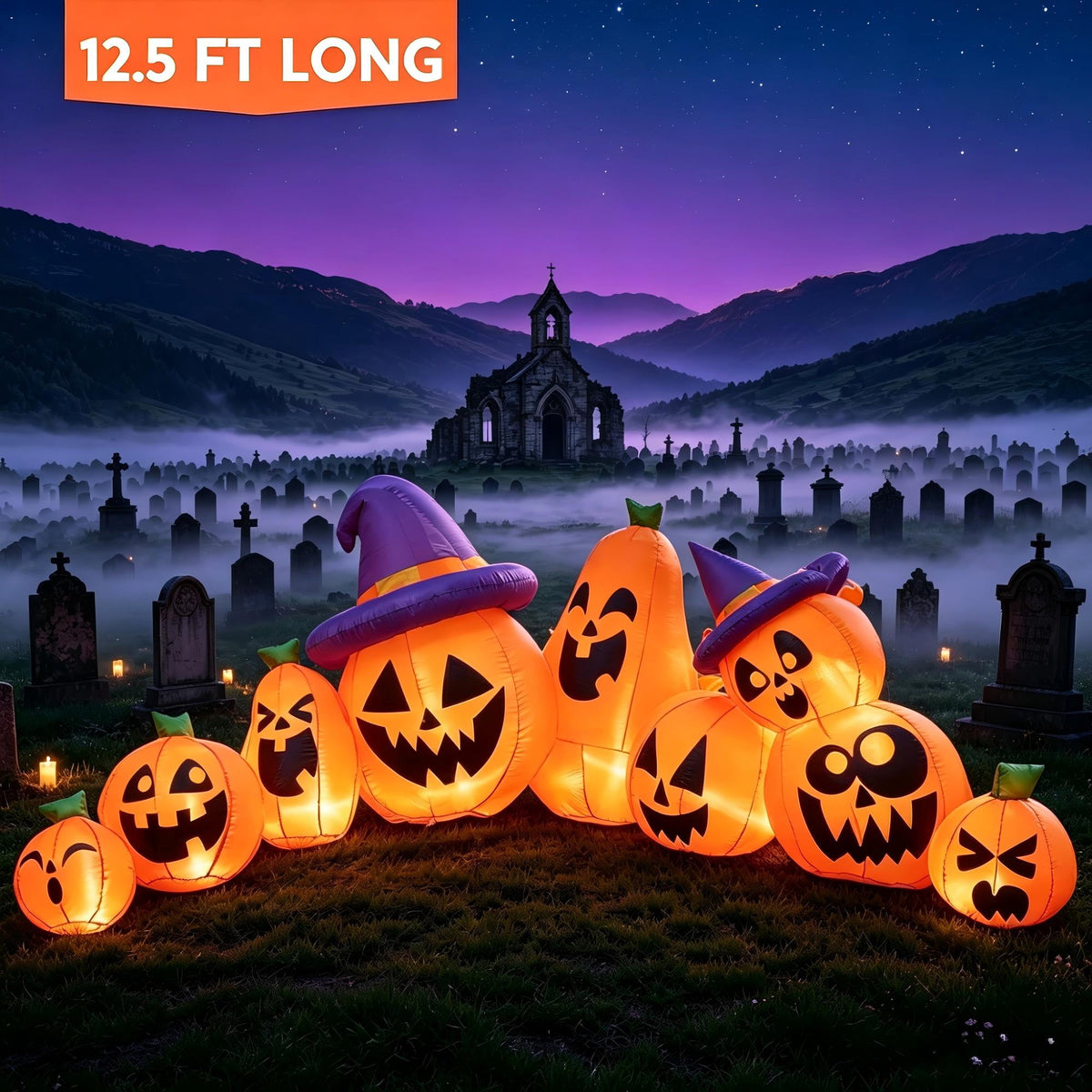 Joyfy 7 ft Halloween Inflatable Long Pumpkin with Witch's Cat Decorations Inflatables with Build-in LEDs,Halloween Decor Outdoor Blow Up Yard Decorations
