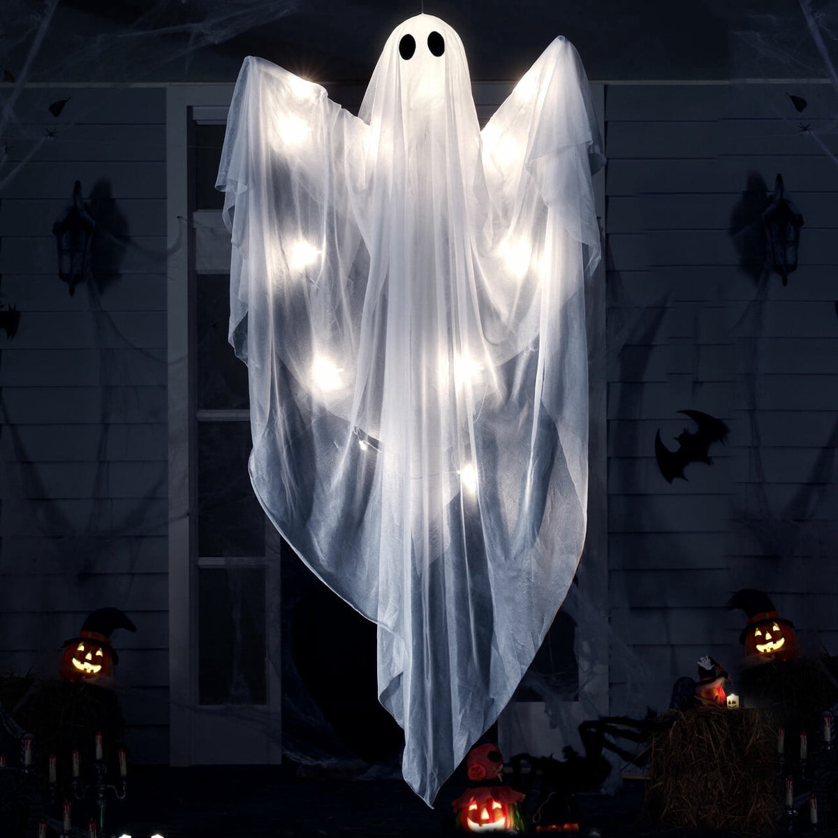 Joyfy 47inch Halloween Decorations Outdoor Hanging Ghost,Light up White Ghosts with Spooky Warm White LED Light,Halloween Outdoor Yard Porch Decorations,Haunted House Decorations