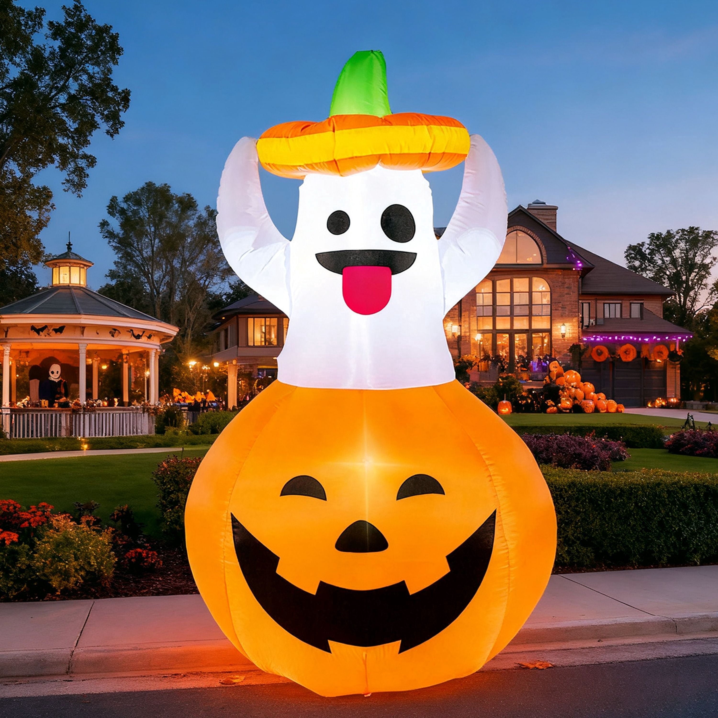 Joyfy 5ft Halloween Inflatables Light up Cute Ghost,Blow Up Ghost Lift Pumpkin Candy Bag with Build-in LEDs for Yard Decorations