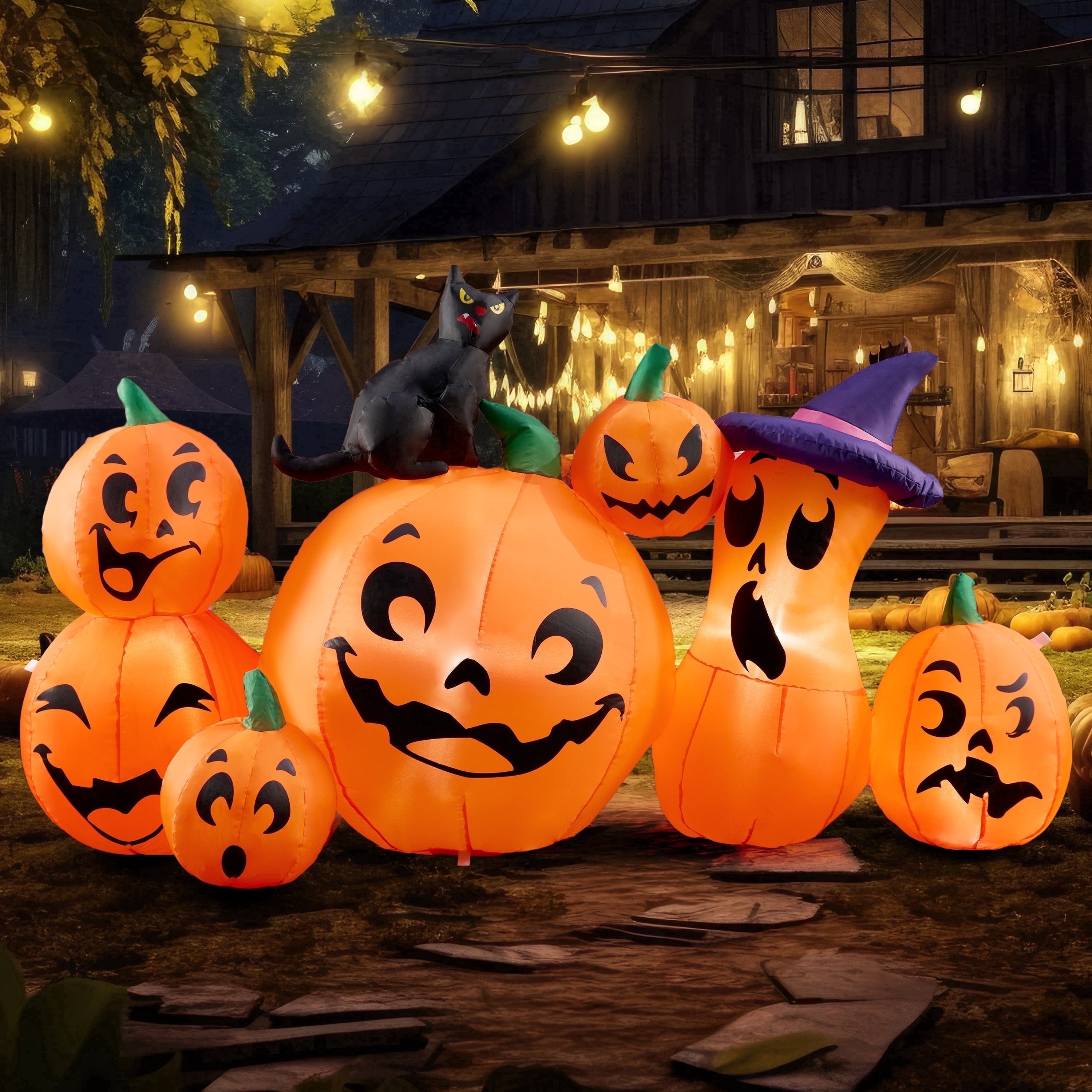 Joyfy 7 ft Halloween Inflatable Long Pumpkin with Witch's Cat Decorations Inflatables with Build-in LEDs,Halloween Decor Outdoor Blow Up Yard Decorations