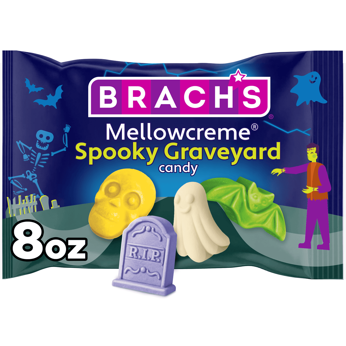 Brach's Mellowcreme Spooky Graveyard Halloween Candy, 4 Flavors and 4 Shapes, 8 oz Bag