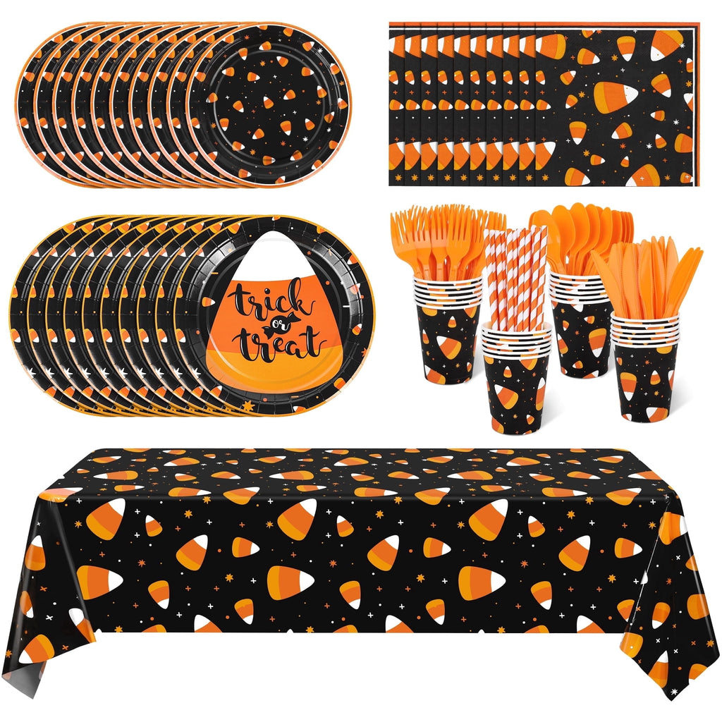 TURSTIN 193 Pieces Halloween Candy Corn Tableware Set Serves 24, Disposable Paper Plates Cups Napkins with Tablecloth for Halloween Party