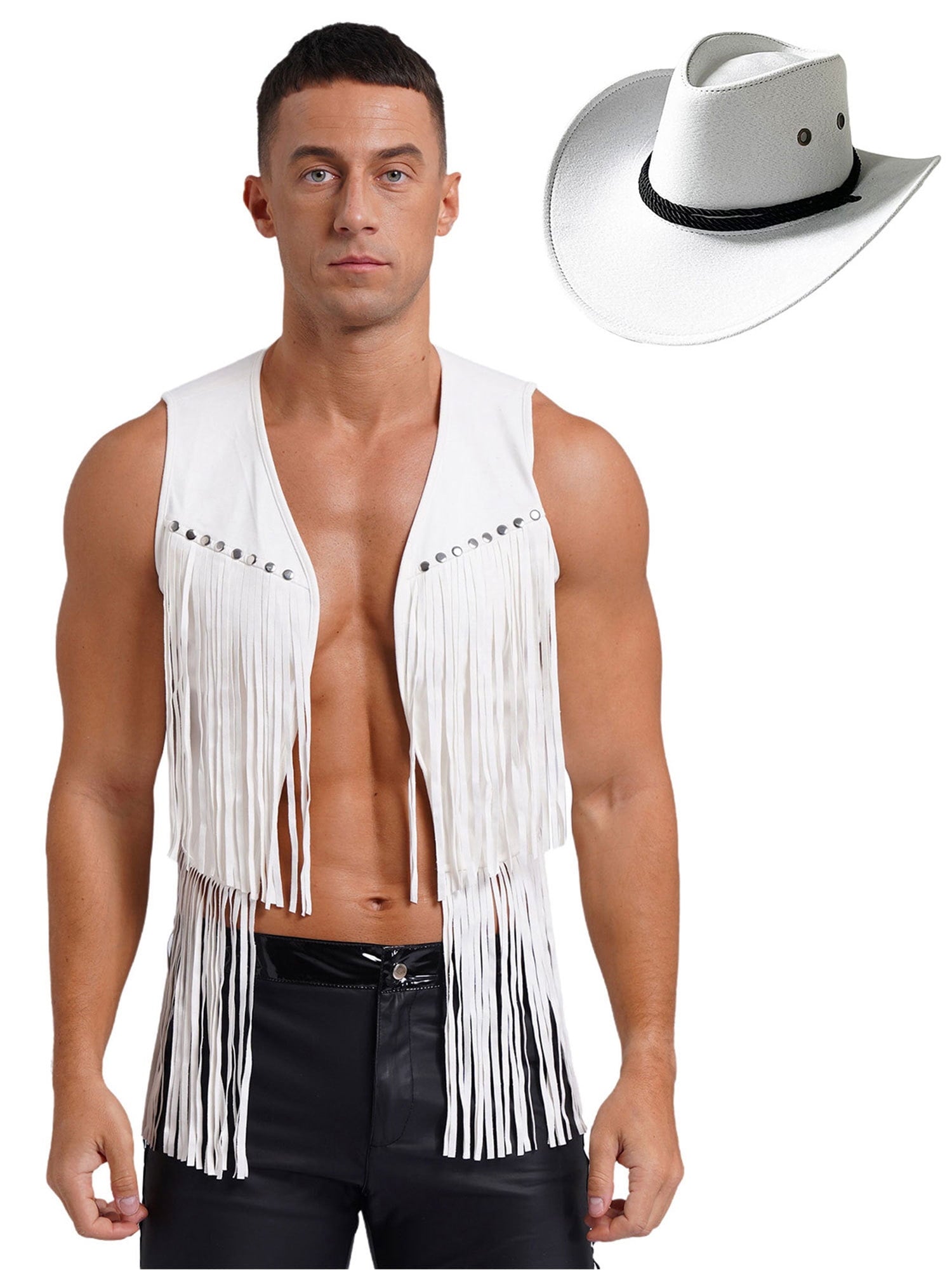 TiaoBug Men's Western Cowboy Cosplay Costume Tassel Rivets Waistcoat with Wide Brim Hats Sets Black L