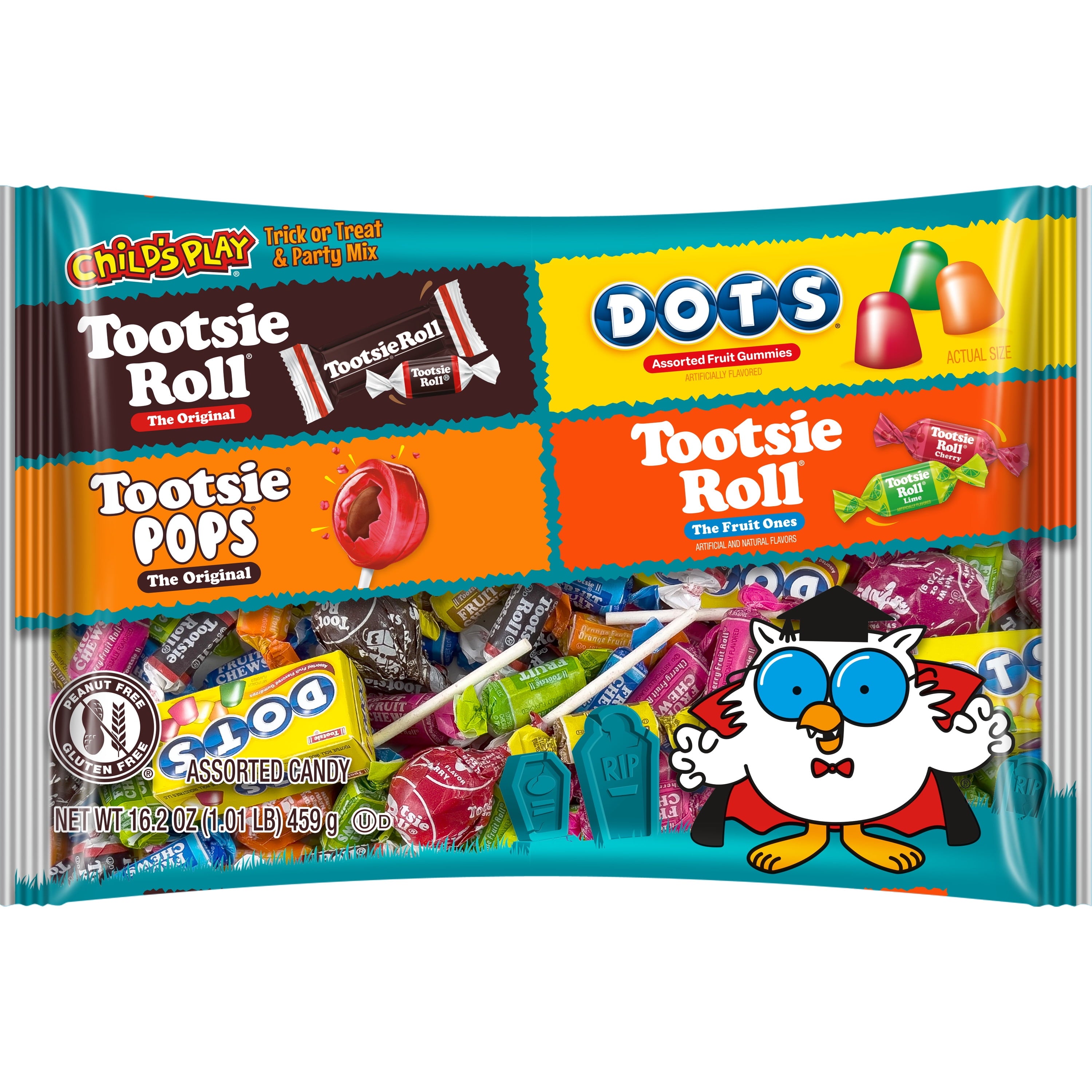 Tootsie Child's Play, Assorted Halloween Candy, Individually Wrapped, 16.2 oz. Peanut Free and Gluten Free. Contains Milk.