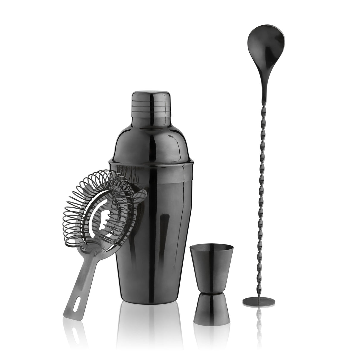 True 4 Piece Black Stainless Steel Barware Set - Cocktail Shaker & Accessories