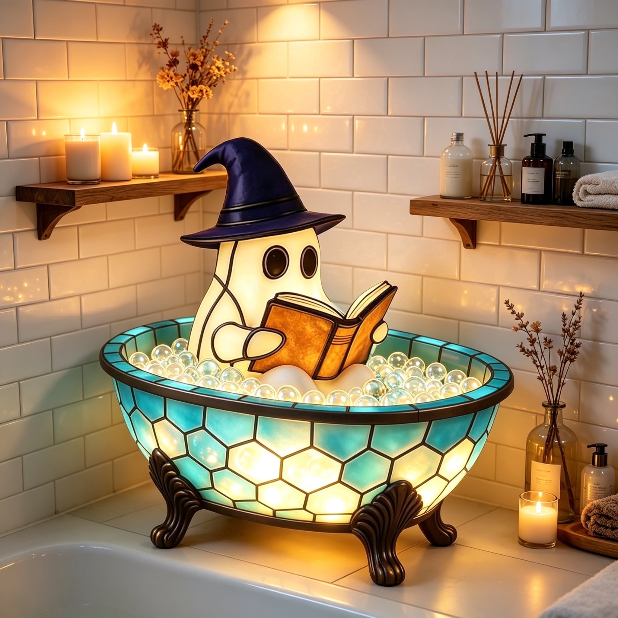 Ghost Bubble Bath LampHalloween Bathroom Decor Gifts Under 20 Bathtub Ghost & Dog Resin Figurine, Warm LED Halloween Tabletop Decor for Bathroom, Bedroom, Kids Room & Fall Home Accent