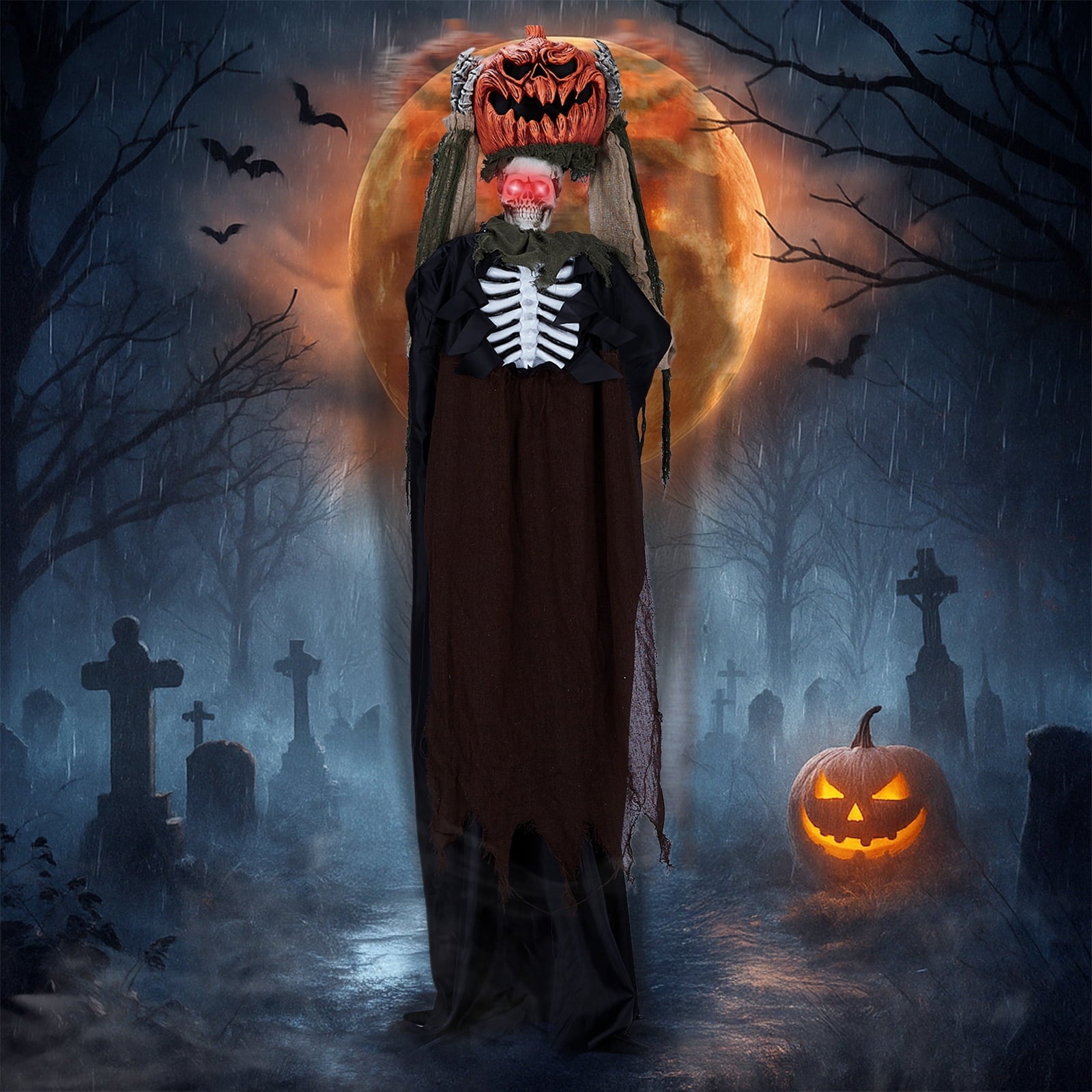 UBesGoo 6' Ghost with The Pumpkin Head Halloween Animated Animatronic Decoration, Halloween Pumpkin Skeleton Outdoors
