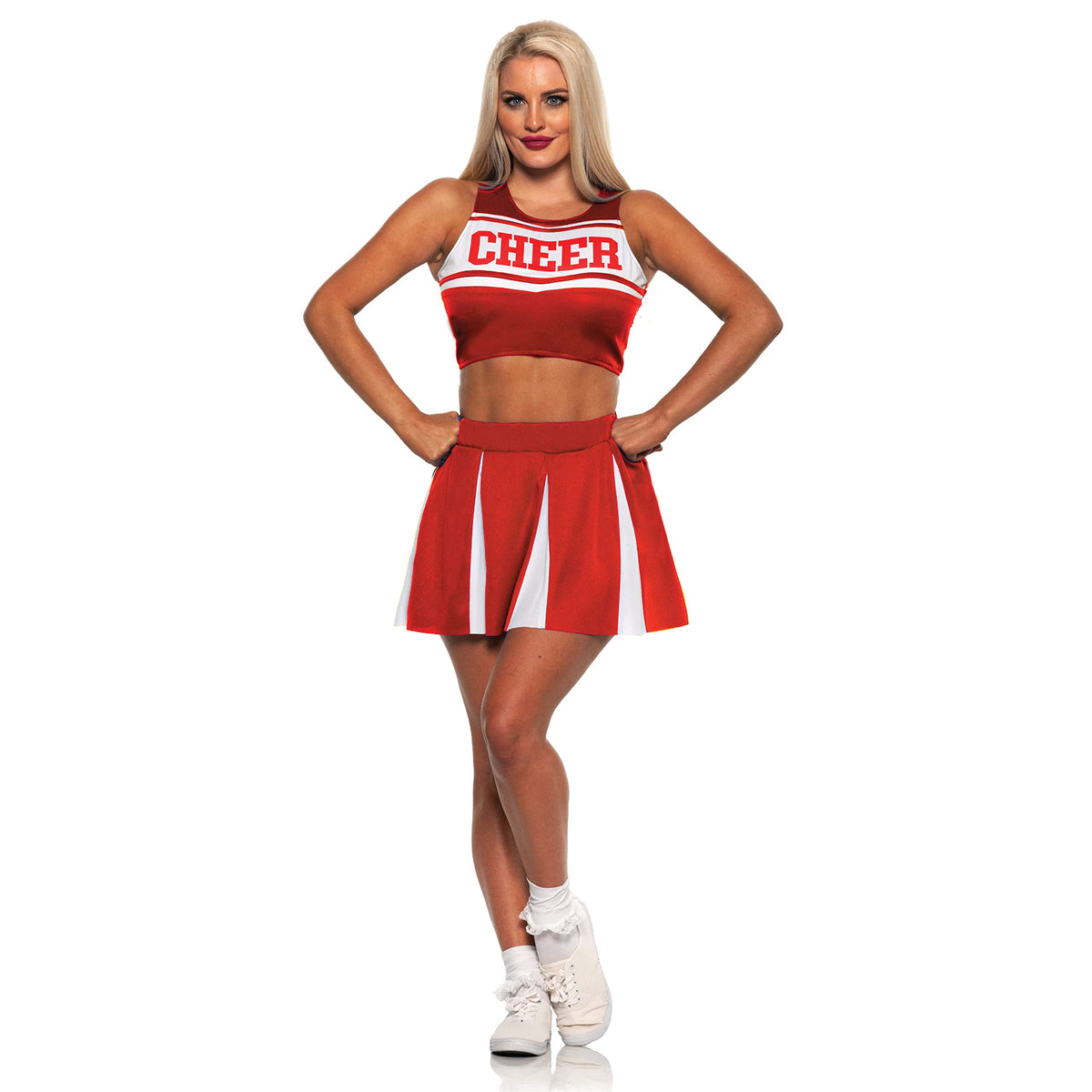 UNDERWRAPS Cheer Leader Two-Piece Costume - Cute Halloween Costume for Women, Sexy Red Cheer Cosplay Outfit, Cheer Captain Costume for Women, X-Large(14-16)