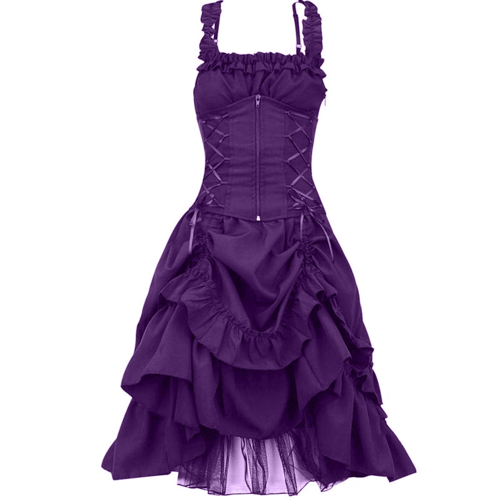 UPPADA Halloween Costumes For Womens Sleeveless Irregular Gothic Dress Ruffle Steampunk Dress Corset Square Neck Layers Dress