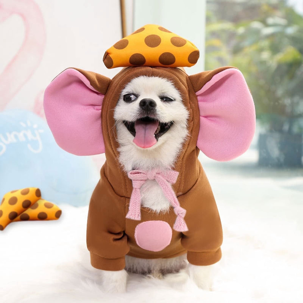 WILLED Winter Big Ear Mouse Dog Hoodies, Cute Cheese Warm Pet Halloween Costume, for Small to Medium Dogs, Puppy French Bulldog, Chihuahua, Gray, XXS