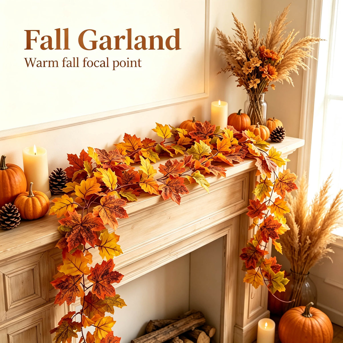 WKSCLPAI Halloween Maple Leaf Garland, Fall Vine Wreaths for Autumn Festivities Decor,Seasonal Garlands for Home,Halloween & Fall Decorations
