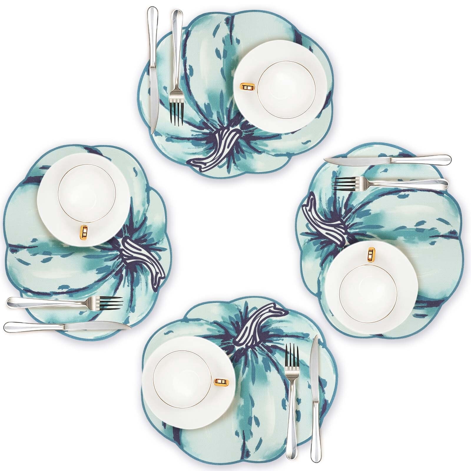 OVZME 4PCS Fall Placemats, Autumn Printed Pumpkin Place Mats for Kitchen Dining Table, Thanksgiving Harvest Halloween Holiday Decor Placemat, Water-Proof, Each 13" x 15", Dark Blue