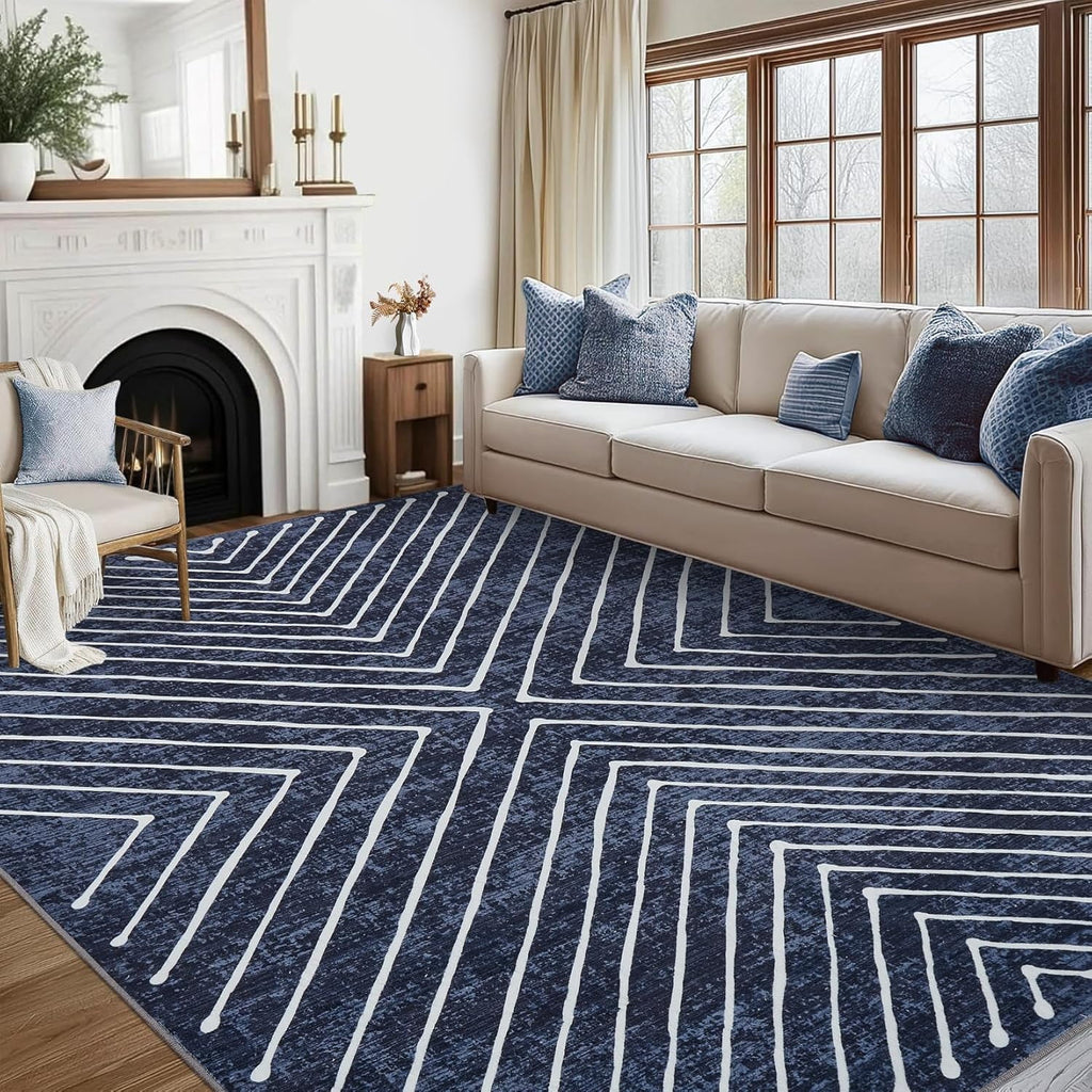 Washable Rug 10x13 Area Rug for Bedroom Modern Living Room Rug Non Slip Striped Large Area Rug Soft Non Shedding Throw Rugs Stain Resistant Carpet for Dining Room Nursery Navy 10'x13'