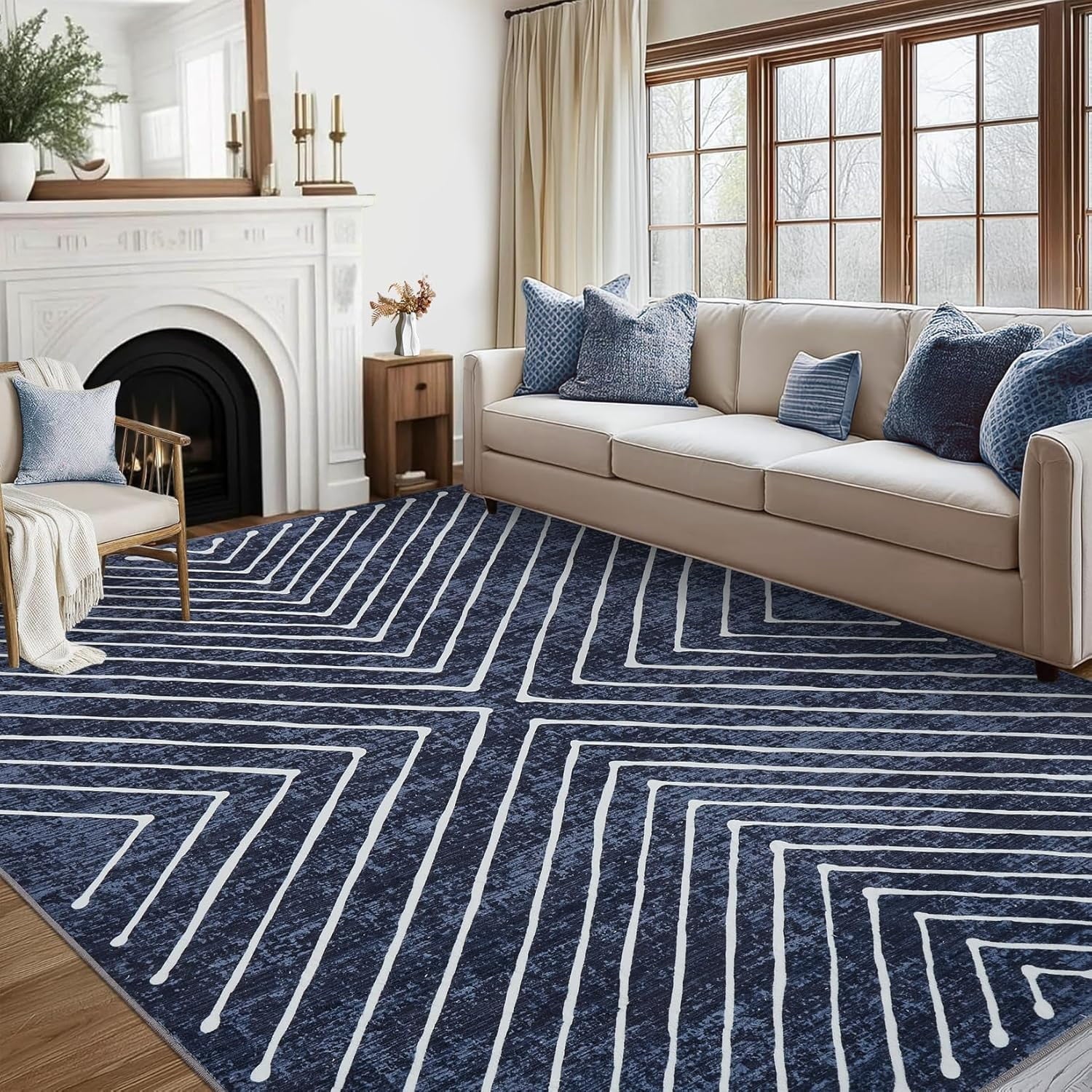 Washable Rug 10x13 Area Rug for Bedroom Modern Living Room Rug Non Slip Striped Large Area Rug Soft Non Shedding Throw Rugs Stain Resistant Carpet for Dining Room Nursery Navy 10'x13'