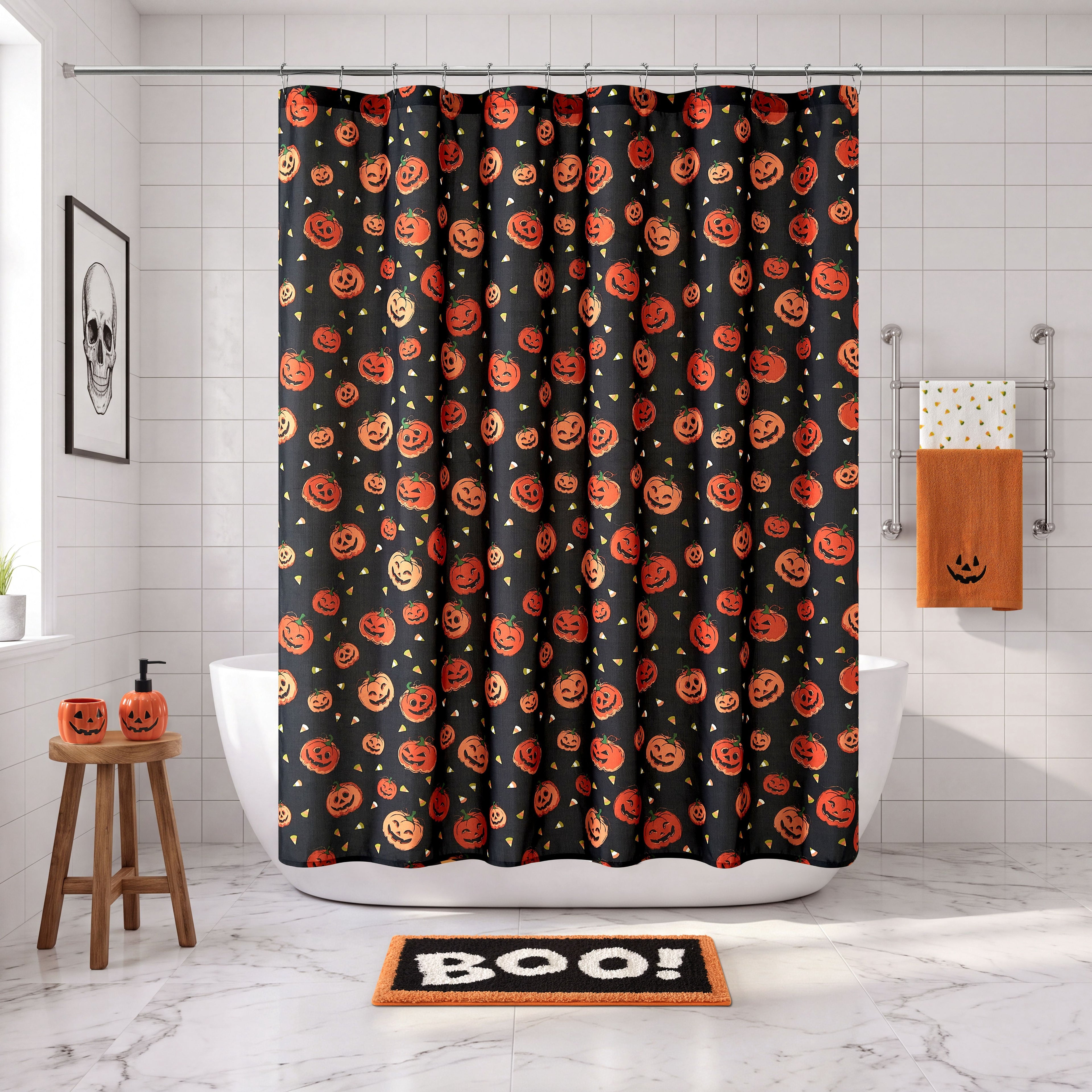 Way To Celebrate Jack-o'-Lantern Shower Curtain Set with 12 Hooks, Black