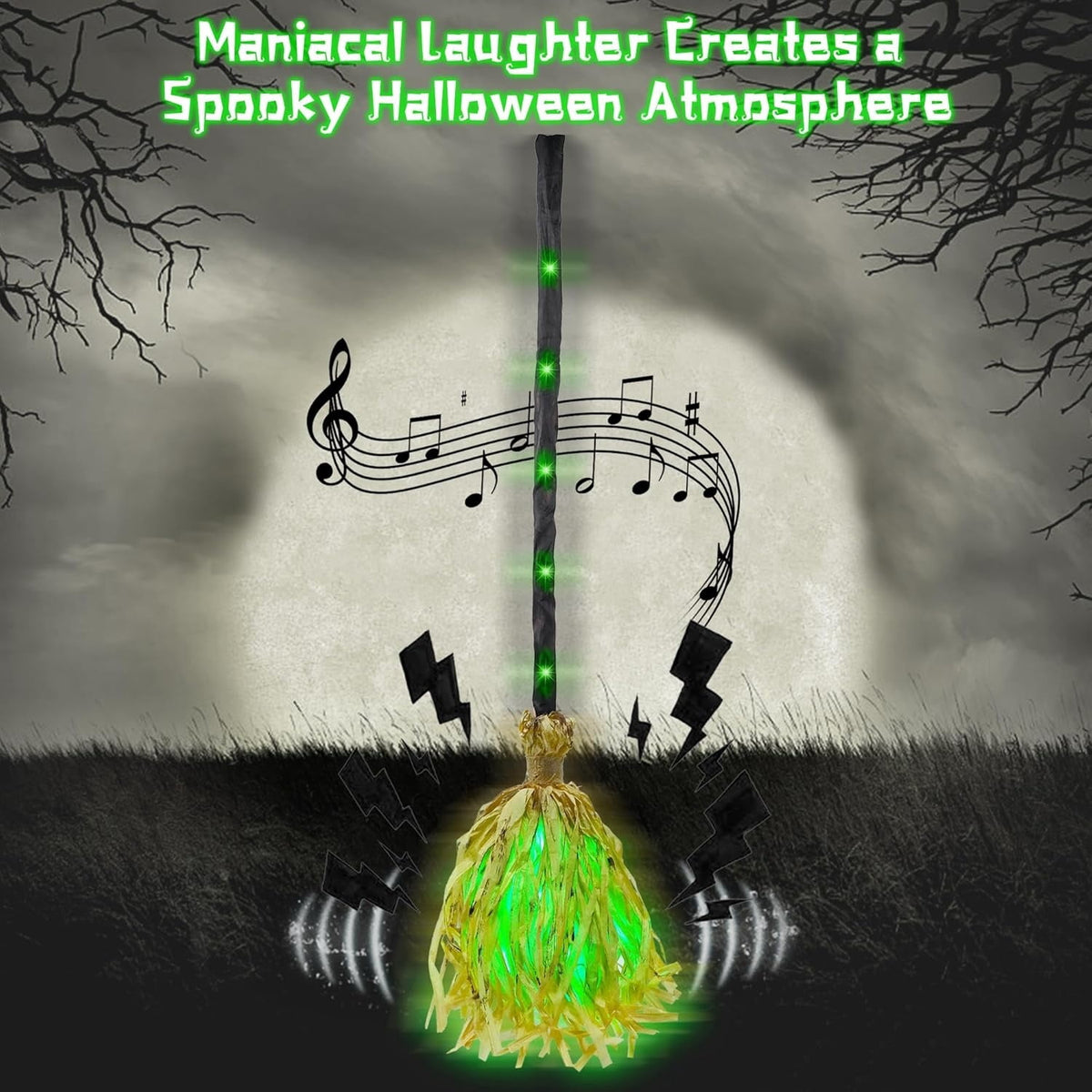 Witch Broom Halloween Decor - Animated Light Up Moving Broomstick with Spooky Sounds | Dancing for Home, Porch & Party 1PC