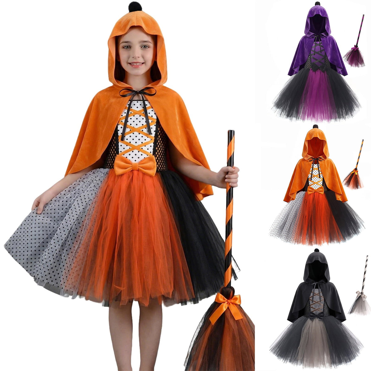Girl Witch Tutu Dresses Cape Witch Outfit Set Halloween Dress up Party Girls Size 2-12 Years