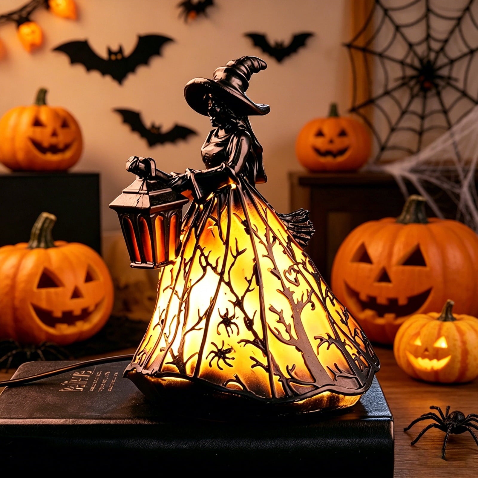 Halloween Witch Lamp,Stained Gothic Witch Hat Led Lamp for Stained Glass Inspired, Spooky Decorative Standing Night Light,Unique Halloween Party Lighting Decorations Door for Indoor