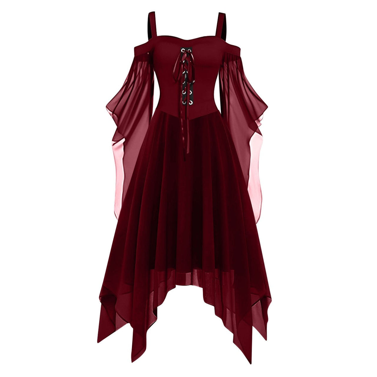 Women Gothic Cold Shoulder Midi Dress, Sheer Flare Bell Sleeve Front Corset Irregular Witch Costume Dress, Adult Halloween Dark Aesthetic Vintage Formal Evening Cosplay Party Outfit(Navy-2/M)
