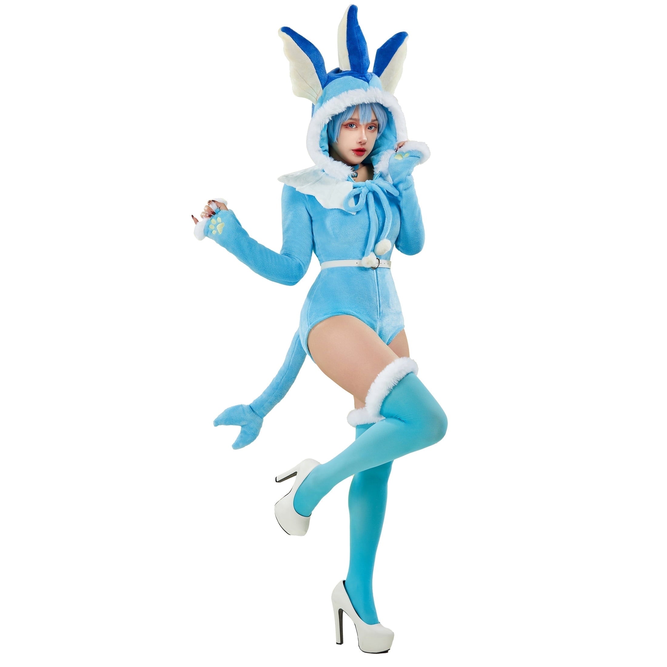 Women sexy Fluffy Hooded Bodysuit Halloween Deep V Kawaii One Piece Lingerie Rompers with Choker and Socks